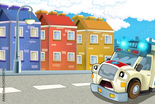 cartoon scene in the city with ambulance driving through the city - illustration for children © honeyflavour