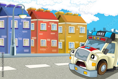 cartoon scene in the city with ambulance driving through the city - illustration for children © honeyflavour