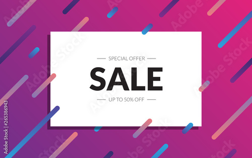 Sale banner vector template. Up to 50% off sale design in abstract flat colorful style. Discount offer. Horizontal card with saling text for banner, web, poster, ad, brochure, coupon, email