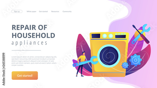 Service repairman with big wrench repairing washing machine. Repair of household appliances, smart TV service, household master services concept. Website vibrant violet landing web page template.
