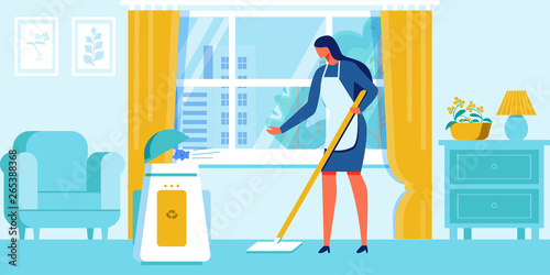Woman Clean Home Put Trash in Recycling Container.