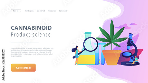 Scientists with magnifier doing cannabis innovations research. Marihuana products innovation, cannabis research, cannabinoid product science concept. Website vibrant violet landing web page template.