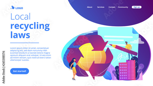 Specialists writing new mandatory recycling laws for country. Government mandated recycling, ecological regulations, local recycling laws concept. Website vibrant violet landing web page template.