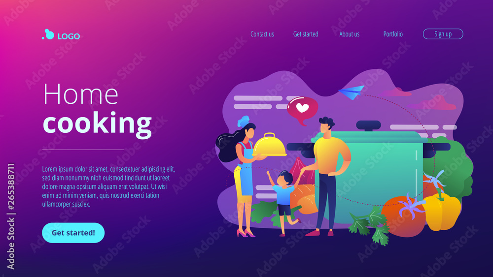 Fototapeta premium Tiny people family waiting for wife in apron cook tasty food and big pot, vegetables. Home cooking, home foods recipes, family time activity concept. Website vibrant violet landing web page template.