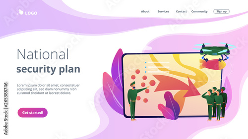 Soldiers looking at coordinated military actions and tactics, tiny people. Military operation, armed struggle, national security plan concept. Website vibrant violet landing web page template.
