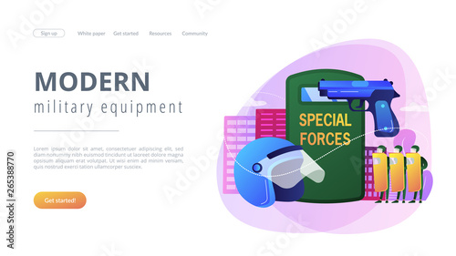 Tiny people special military unit with equipment conducts operation. Special military forces, special operations, modern military equipment concept. Website vibrant violet landing web page template.