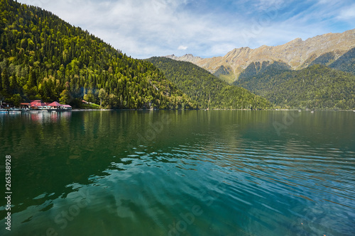 Landscape with mountains, forest and a lake in front