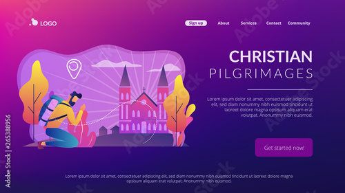 Kneeling pilgrim reached famous christian cathedral and praying. Christian pilgrimages, go on pilgrimage, visit the saint places concept. Website vibrant violet landing web page template.