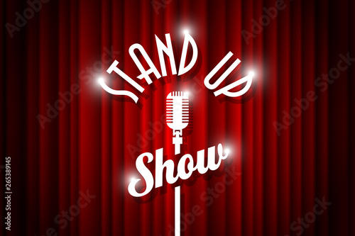 Stand up comedy night live show open mic on empty theatre stage. Vintage microphone against red curtain backdrop. Retro vector art image illustration
