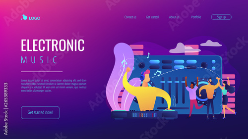 DJ in headphones at turntable playing music and tiny people dancing at party. Electronic music, DJ music set, DJing school courses concept. Website homepage landing web page template.