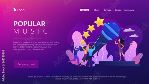 Famous pop singer near huge microphone singing and tiny people dancing at concert. Popular music, pop music industry, top chart artist concept. Website homepage landing web page template.