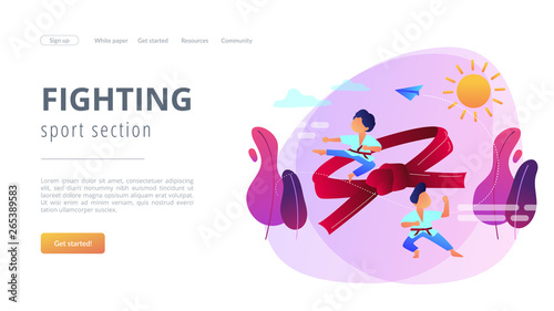 Young athletes doing karate outside at summer camp and big belt, tiny people. Karate camp, kids boxing club, fighting sport section concept. Website homepage landing web page template.