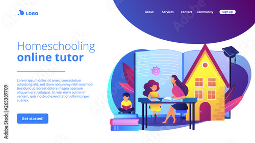 Children at home with tutor or parent getting education, tiny people. Home schooling, home education plan, homeschooling online tutor concept. Website homepage landing web page template.