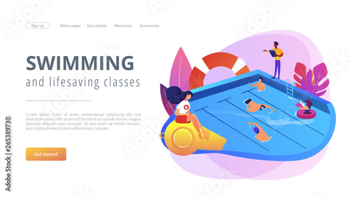 Tiny adult people swimming in the pool, coach and lifeguard. Swimming and lifesaving classes, swimming for adults, open water classes concept. Website homepage landing web page template.