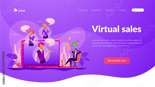 Virtual sales, remote sales method, virtual sales team and assistants concept. Website homepage interface UI template. Landing web page with infographic concept hero header image.