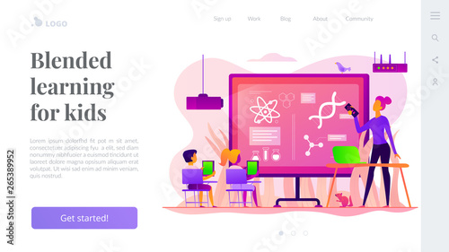 Kids with tablets studying science in classroom with teacher, tiny people. Science lessons, science flipped class, blended learning for kids concept. Website homepage header landing web page template.