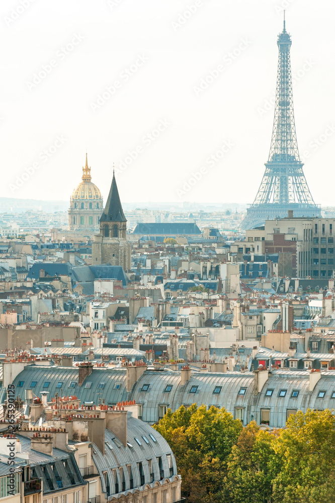 Aerial view of 7th arrondissement with Invalides Dome and Eiffel tower, Paris, France