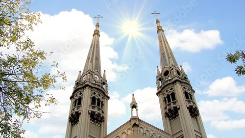 Spires Against the Sky at the Basilica of Our Lady of Buenos Aires (Spanish: Basilica Nuestra Senora de Buenos Aires) on Gaona Avenue, Caballito District, Buenos Aires, Argentina. photo