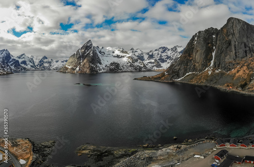 Hamnoy fishing villages with mountains in the background, Lofoten Norway.