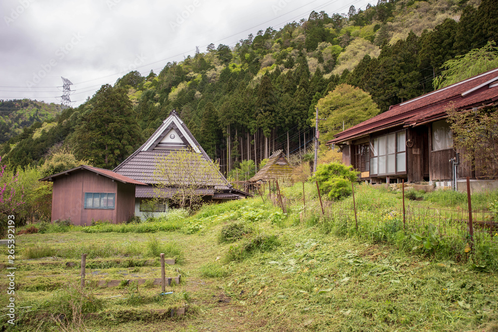 Steep pitched roof on farm house in Japanese mountains