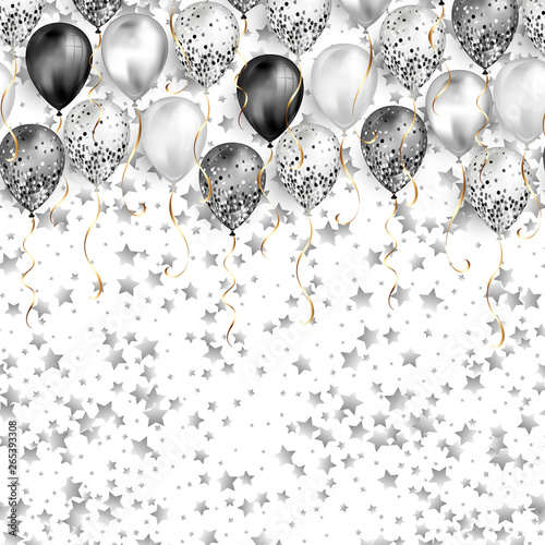 White Background with stars confetti and black and white balloons as top border. Shiny glossy realistic