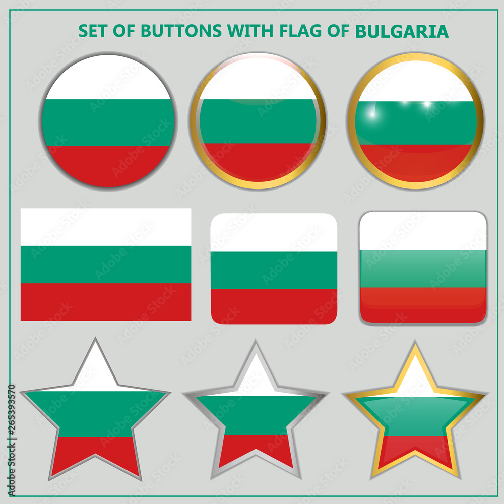 Bright buttons with flag of Bulgaria . Happy Bulgaria day background. Bright set with flag. Illustration with grey background.
