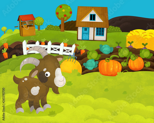 cartoon happy and funny farm scene with happy goat - illustration for children © agaes8080
