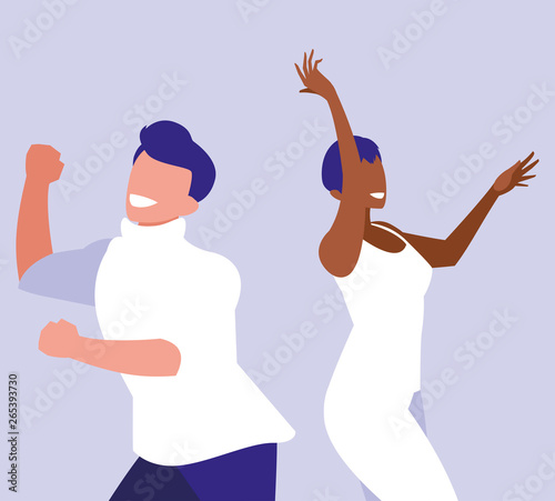 young interracial couple dancing characters