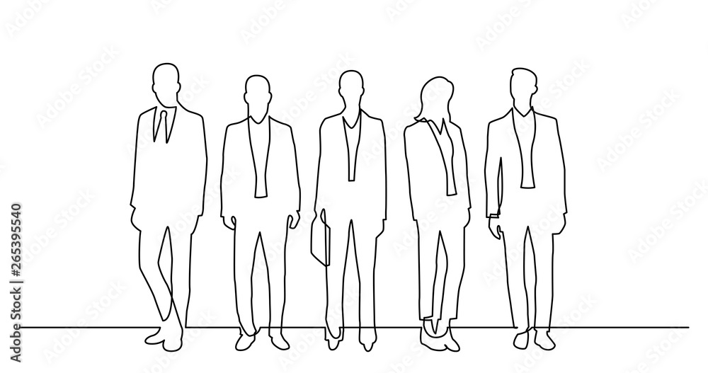 continuous line drawing of diverse group of standing business professionals