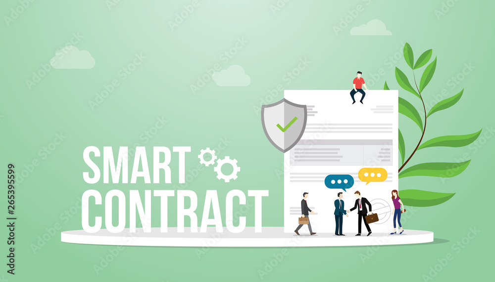 smart contract concept with big words team people and paper document with stamp and business man deal agreement - vector