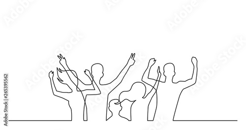 continuous line drawing of group of happy cheering young people