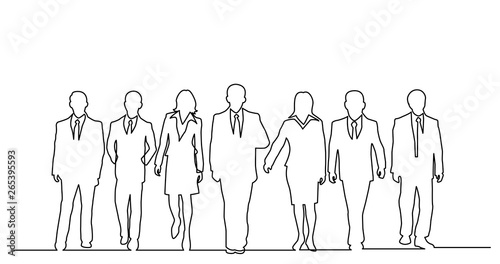 continuous line drawing of diverse group of standing business professionals