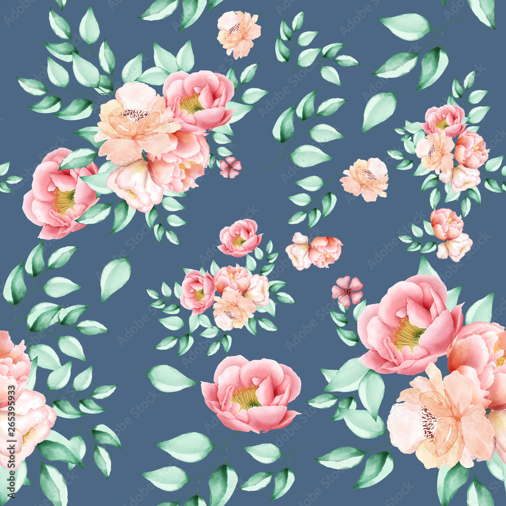 Fototapeta watercolor floral and leaves seamless pattern