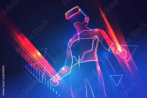 Virtual reality gaming. Man wearing vr headset and using light swords in abstract world. Vector illustration