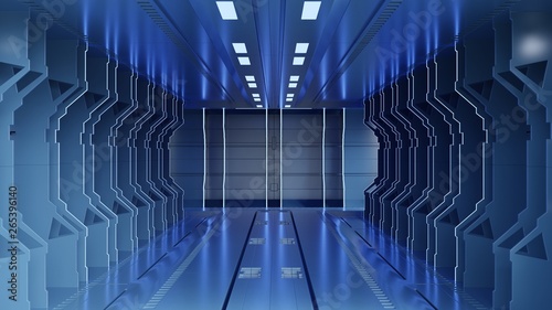 Science background fiction interior rendering sci-fi spaceship corridors blue light,3D rendering 