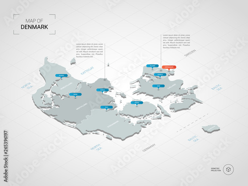 Isometric 3D Denmark map. Stylized vector map illustration with cities, borders, capital, administrative divisions and pointer marks; gradient background with grid.