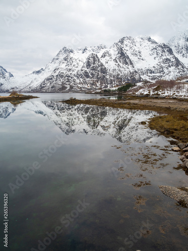 Reflection of mountain on fjord during winter, Norway