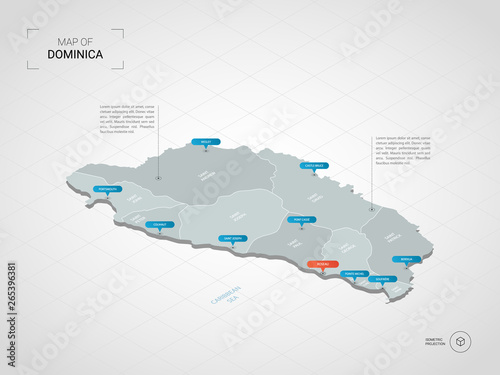 Isometric 3D Dominica map. Stylized vector map illustration with cities, borders, capital, administrative divisions and pointer marks; gradient background with grid.