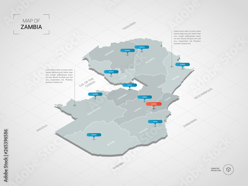 Isometric 3D Zambia map. Stylized vector map illustration with cities, borders, capital, administrative divisions and pointer marks; gradient background with grid.