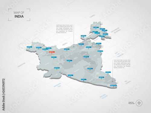 Isometric  3D India map. Stylized vector map illustration with cities, borders, capital, administrative divisions and pointer marks; gradient background with grid.