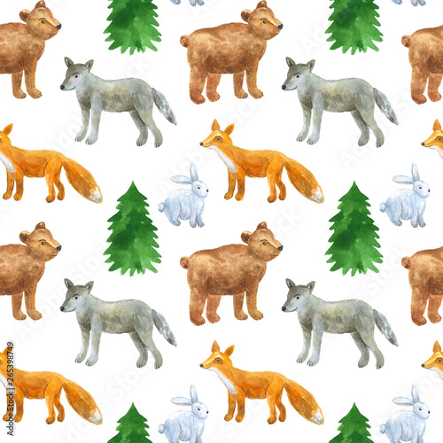 Fototapeta Naklejka Na Ścianę i Meble -  Seamless pattern with cute forest animals: wolf, bear, fox, hare. Hand drawn watercolor illustration. Texture for print, fabric, textile, wallpaper.