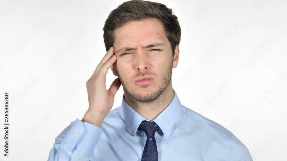 Stressed Young Businessman with Headache on White Background Stressed Young Businessman with Headache on White Background