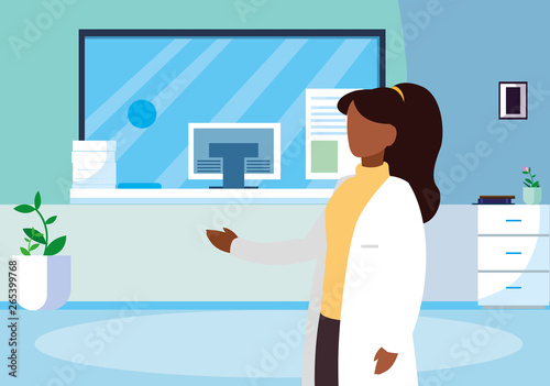 afro female medicine worker in clinic reception
