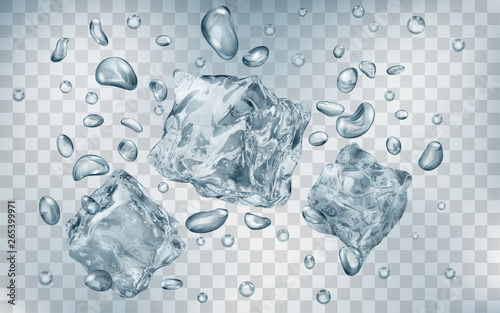Three translucent gray ice cubes and many air bubbles under water on transparent background. Transparency only in vector format