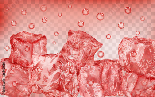 A lot of translucent red ice cubes and air bubbles under water on transparent background. Transparency only in vector format
