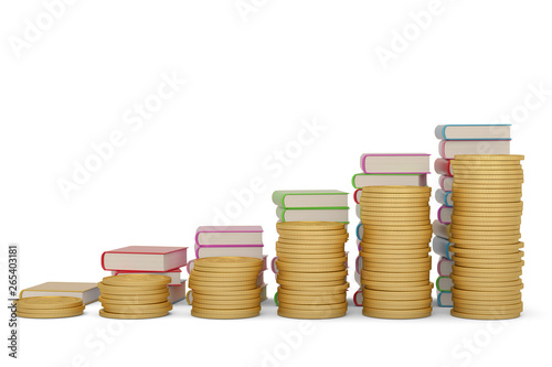 Gold coin stacks and book stacks isolated on white background. 3D illustration.