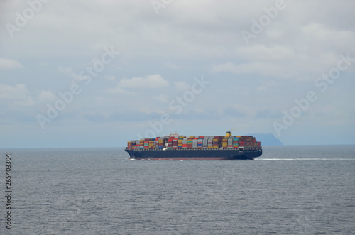 Fully loaded container ship at sea near Japanese islands.