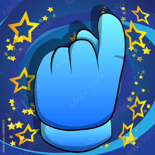 Vector cartoon hand showing invitation sign. Illustrated hand sign on comic book background.