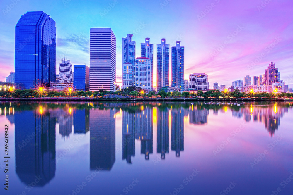 Cityscape skyline with reflection in water