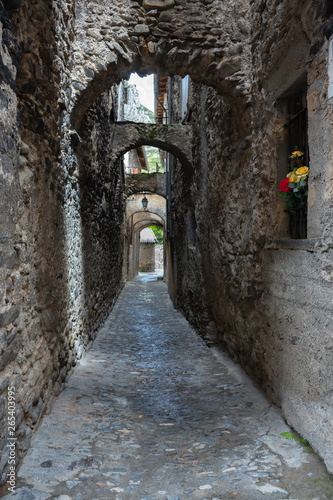 Long narrow stone passage between medieval village housing, brightened by whimsical vase of roses in La Brigue, France photo